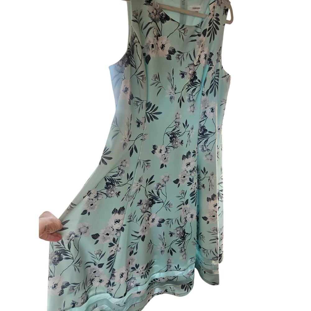 Calvin Klein Floral Aqua Blue Dress Sz 18 Fit Flare Fully lined Princess Seams - Picture 4 of 11